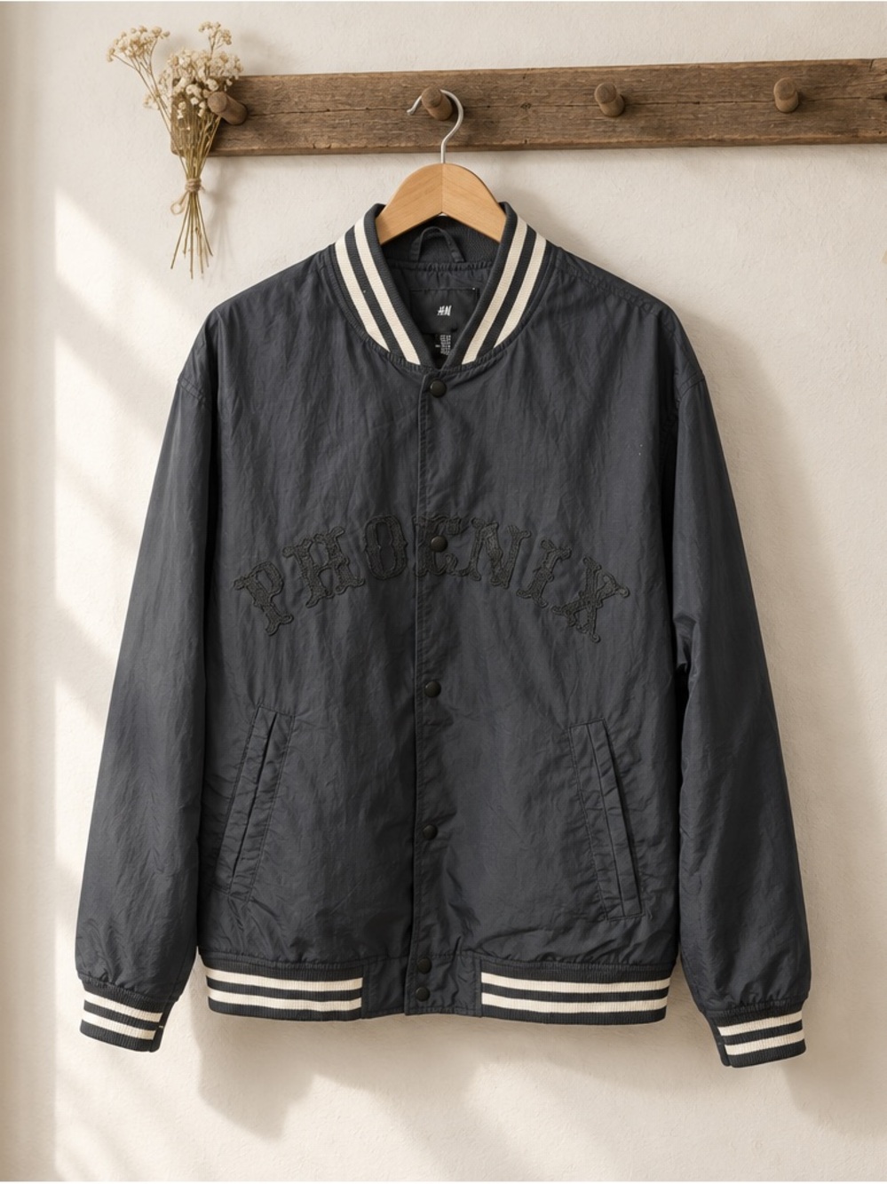 H&M Black Bomber Jacket with Cream Stripe Trim